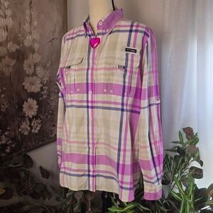 Columbia PFG Super Bahama Fishing Shirt Purple Plaid Womens Medium FL7325